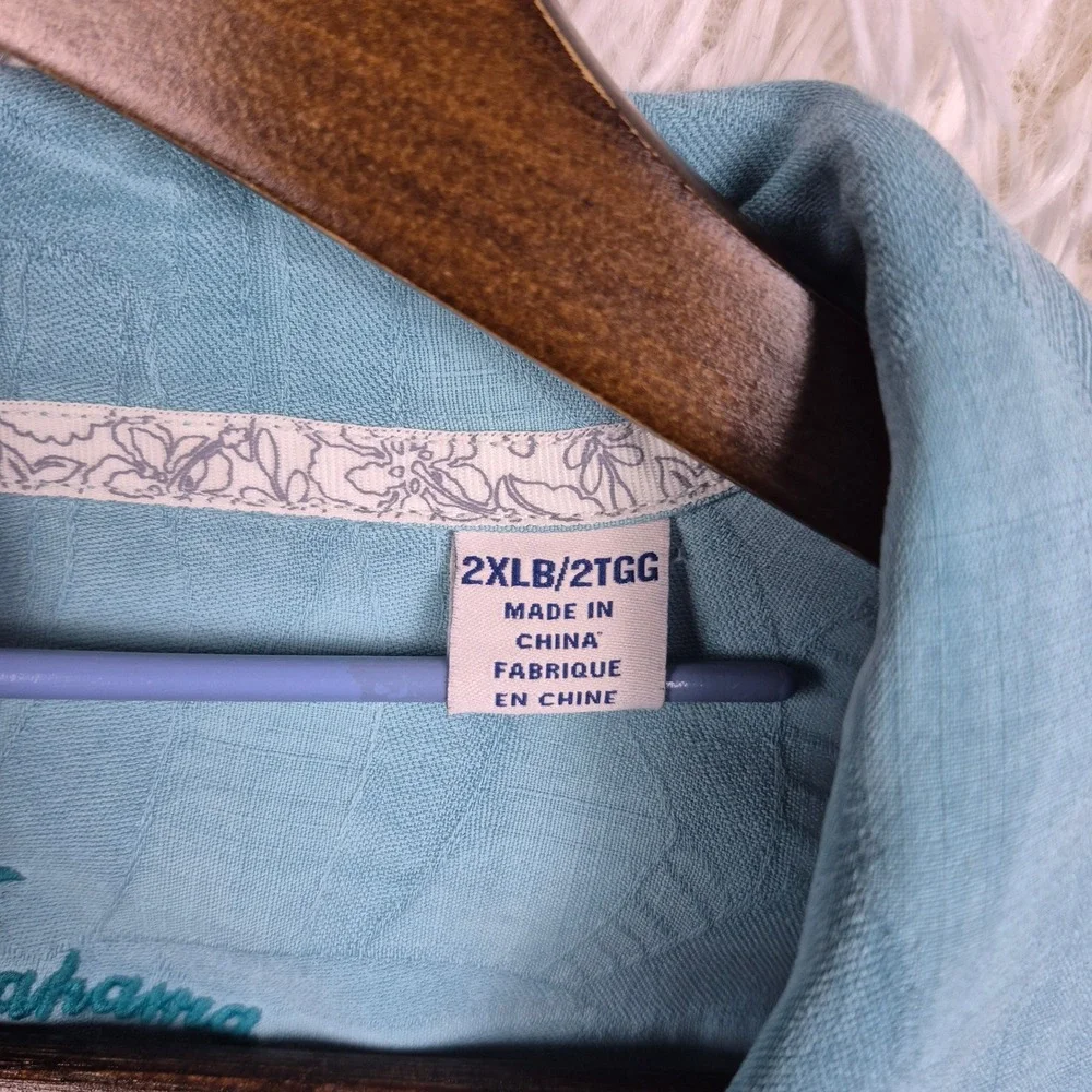 Tommy Bahama Mens 2XLB Blue 100% Silk Tropical Jacquard Short Sleeve Camp Shirt